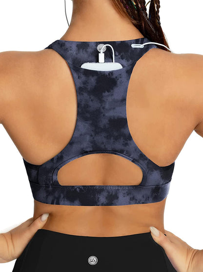QUEENIEKE Women'S Medium Support Back Pocket Energy Sport Bra Cotton Feel 70927 Dark Blue Embroider / XX-Large