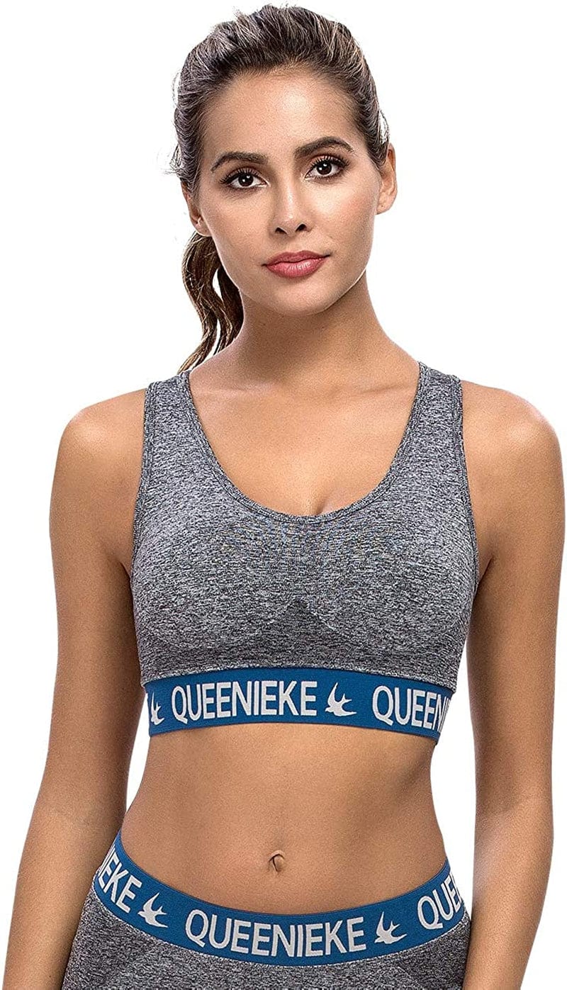 QUEENIEKE Women'S Medium Support Back Pocket Energy Sport Bra Cotton Feel 70927 Seamless Grey / X-Small
