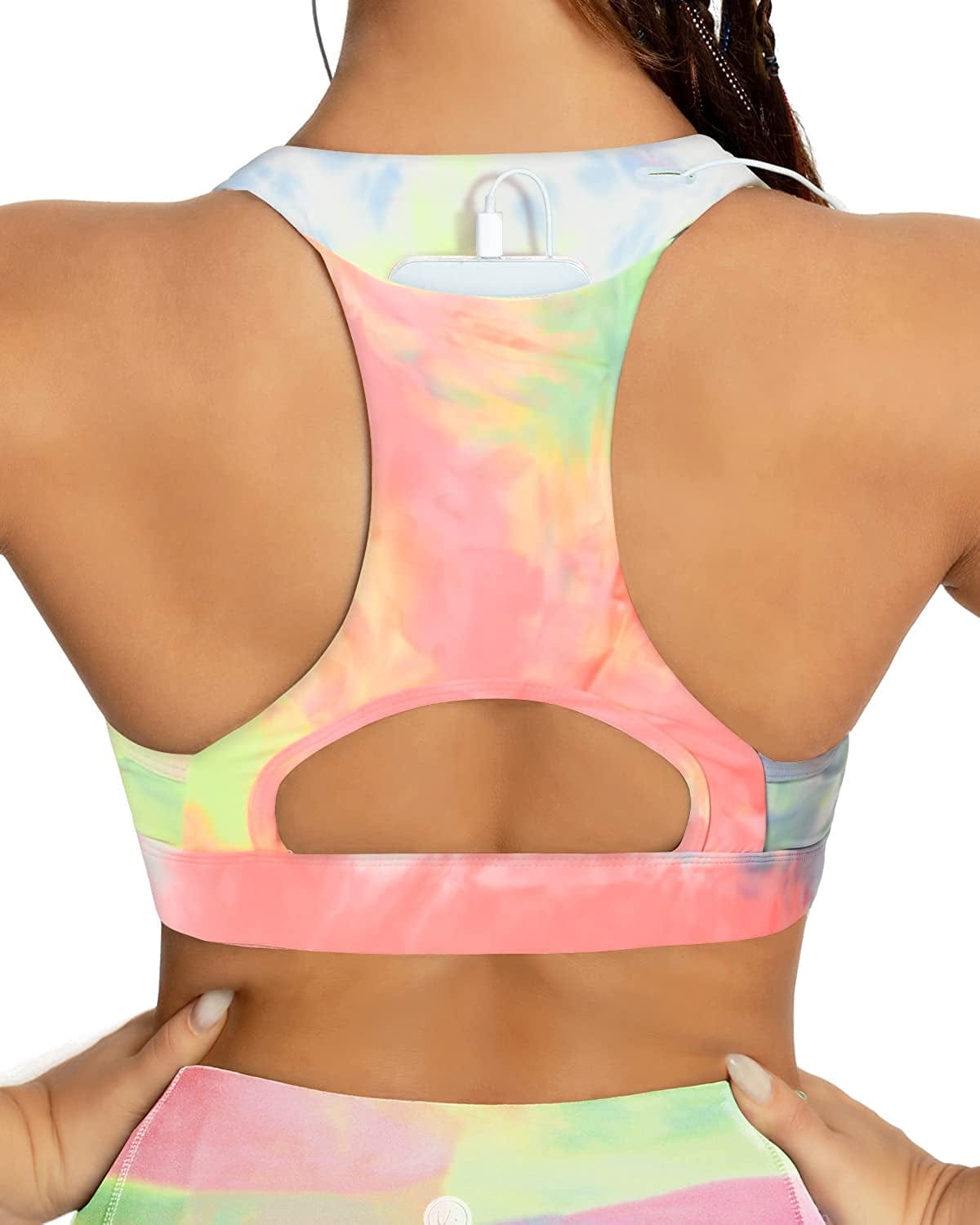 QUEENIEKE Women'S Medium Support Back Pocket Energy Sport Bra Cotton Feel 70927 Pink & Yellow Tie-dye / Medium