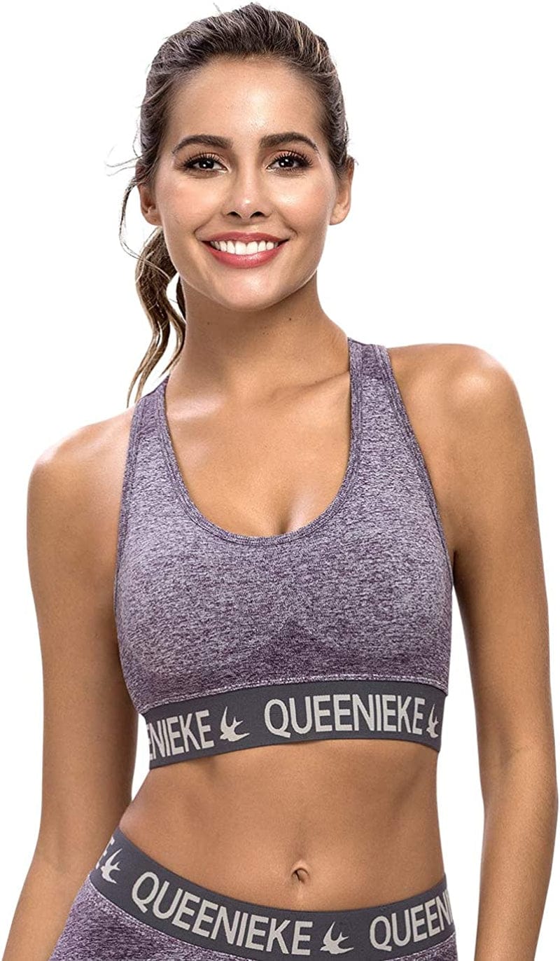 QUEENIEKE Women'S Medium Support Back Pocket Energy Sport Bra Cotton Feel 70927 Seamless Purple / X-Small