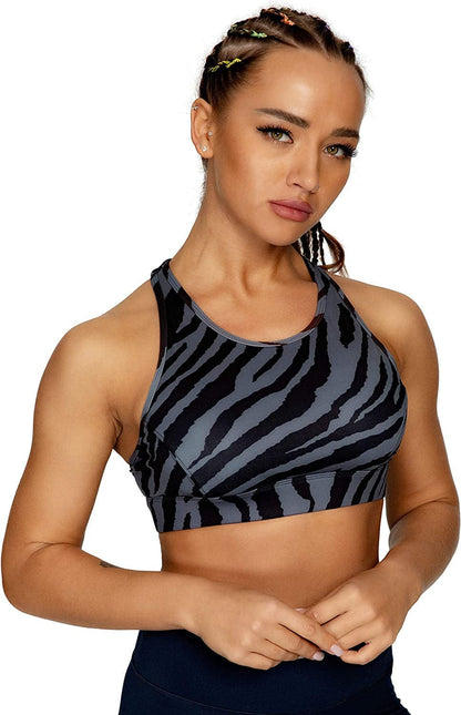 QUEENIEKE Women'S Medium Support Back Pocket Energy Sport Bra Cotton Feel 70927 Gray Zebra Print / Small