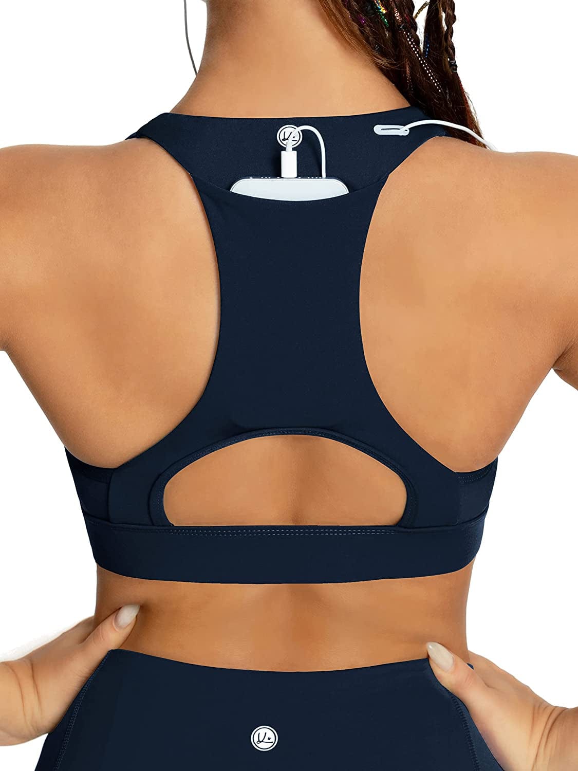 QUEENIEKE Women'S Medium Support Back Pocket Energy Sport Bra Cotton Feel 70927 Dark Blue Back Pocket / Small