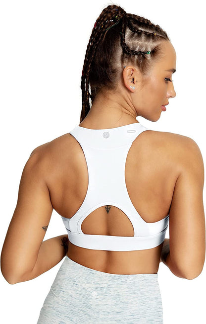 QUEENIEKE Women'S Medium Support Back Pocket Energy Sport Bra Cotton Feel 70927 White Back Pocket / Large