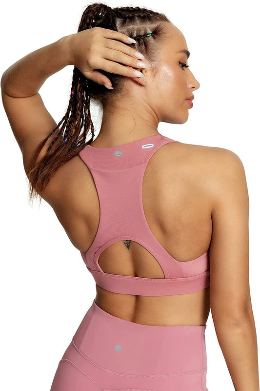 QUEENIEKE Women'S Medium Support Back Pocket Energy Sport Bra Cotton Feel 70927 Begonia Pink Back Pocket / Large