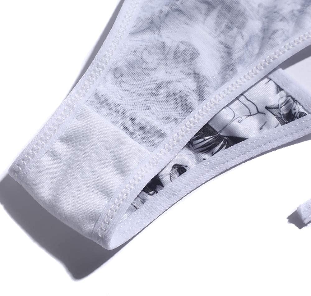 Quker Bean Lolita Japanese Manga Anime Ahego Face Micro Bikini Bra and Thong Set Thigh High Stockings Outfits Gray