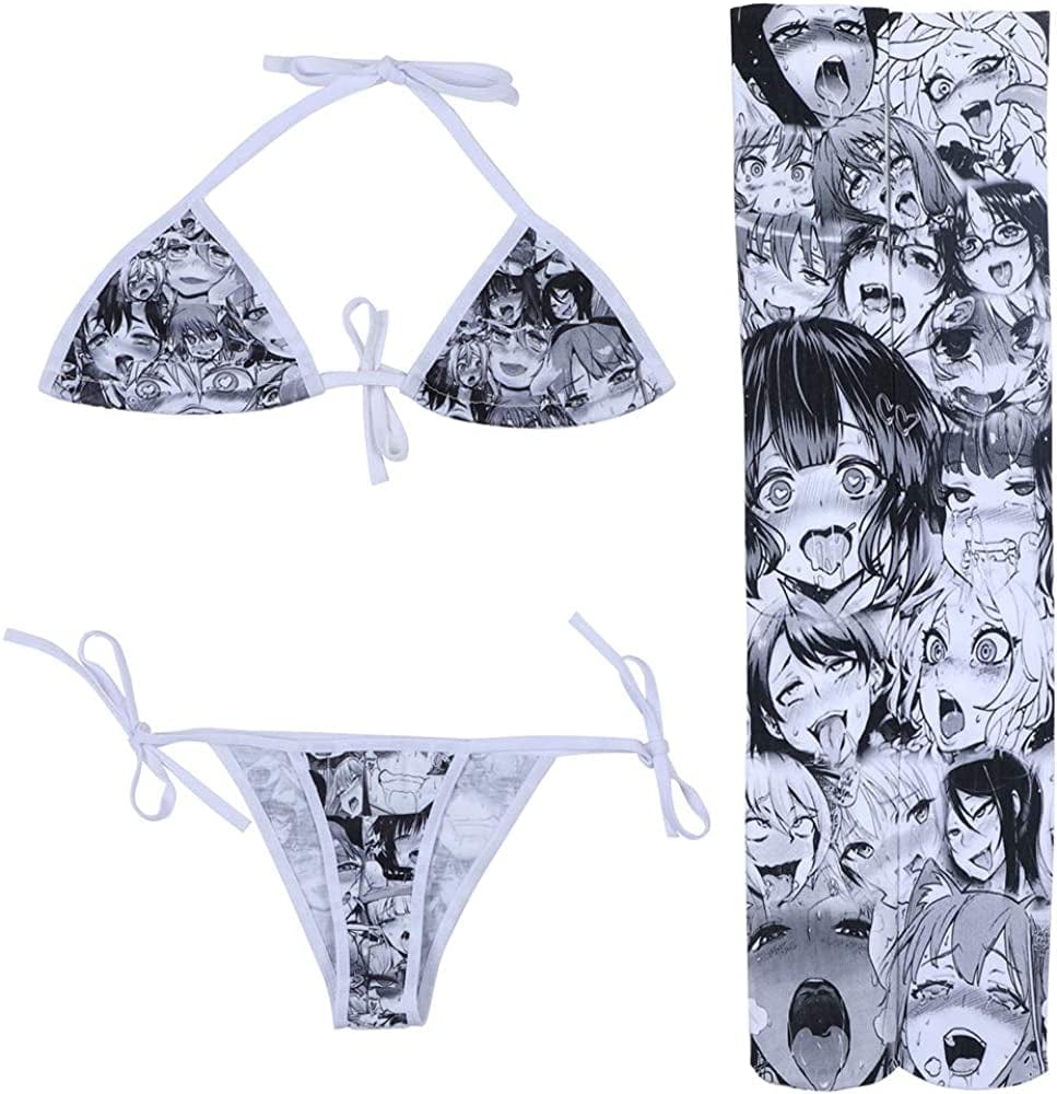 Quker Bean Lolita Japanese Manga Anime Ahego Face Micro Bikini Bra and Thong Set Thigh High Stockings Outfits Gray