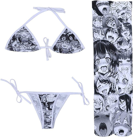 Quker Bean Lolita Japanese Manga Anime Ahego Face Micro Bikini Bra and Thong Set Thigh High Stockings Outfits Gray