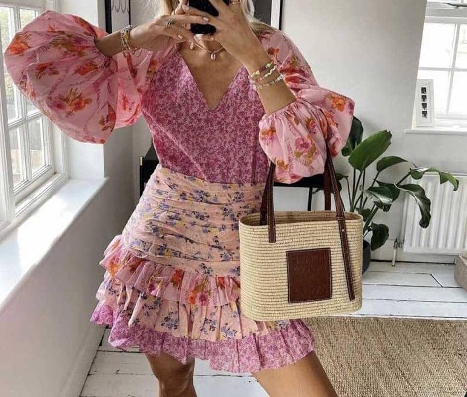 R.Vivimos Women'S Summer Long Sleeve Boho Dress V Neck Floral Print Layered Ruffle Patchwork Casual Mini Sun Dress with Belt