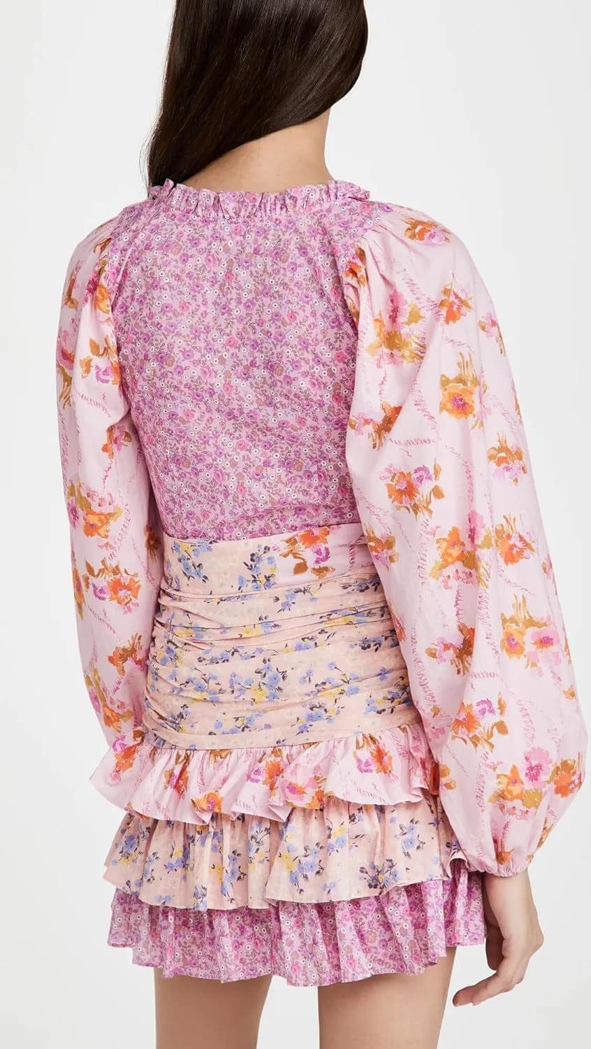 R.Vivimos Women'S Summer Long Sleeve Boho Dress V Neck Floral Print Layered Ruffle Patchwork Casual Mini Sun Dress with Belt