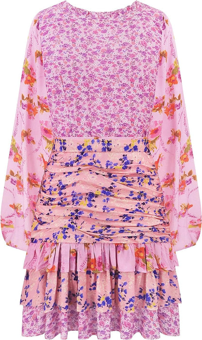 R.Vivimos Women'S Summer Long Sleeve Boho Dress V Neck Floral Print Layered Ruffle Patchwork Casual Mini Sun Dress with Belt