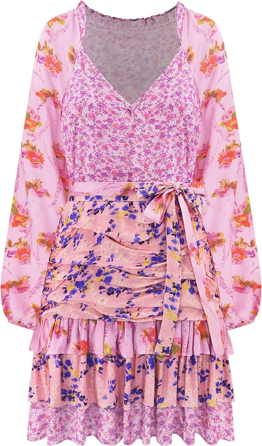 R.Vivimos Women'S Summer Long Sleeve Boho Dress V Neck Floral Print Layered Ruffle Patchwork Casual Mini Sun Dress with Belt