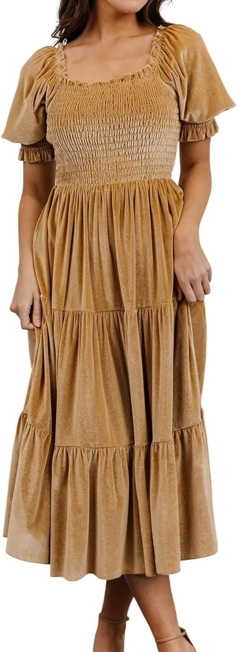 R.Vivimos Womens Fall Winter Velvet Dress Puff Sleeve Square Neck Smocked Tiered Ruffle A-Line Flowy Midi Dress Gold / Large