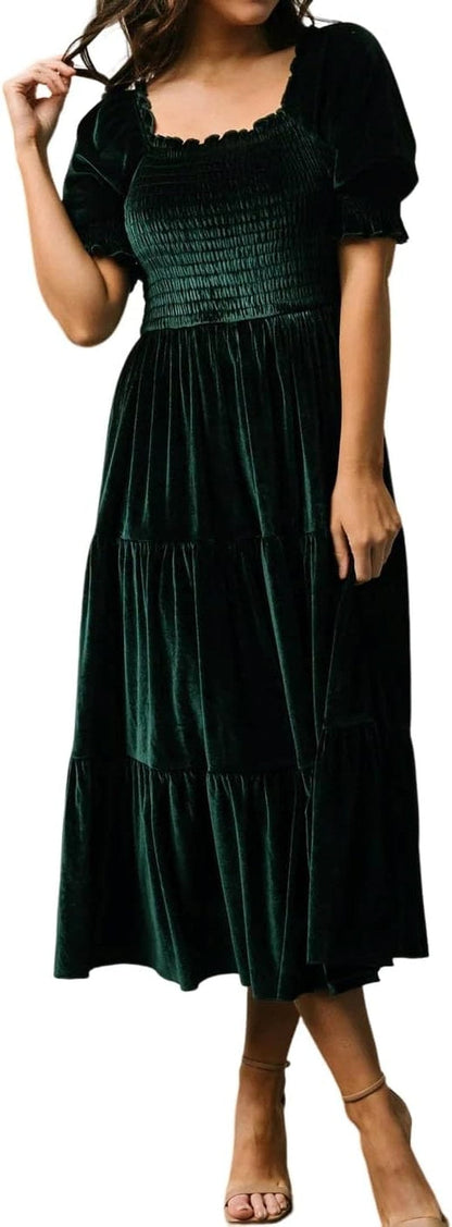 R.Vivimos Womens Fall Winter Velvet Dress Puff Sleeve Square Neck Smocked Tiered Ruffle A-Line Flowy Midi Dress Darkgreen / Large