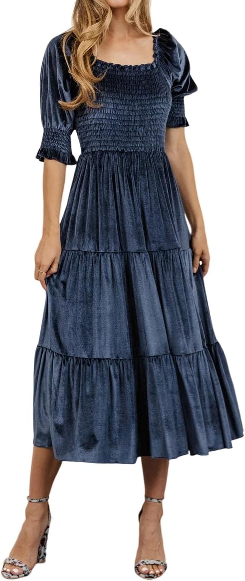 R.Vivimos Womens Fall Winter Velvet Dress Puff Sleeve Square Neck Smocked Tiered Ruffle A-Line Flowy Midi Dress Darkblue / Small