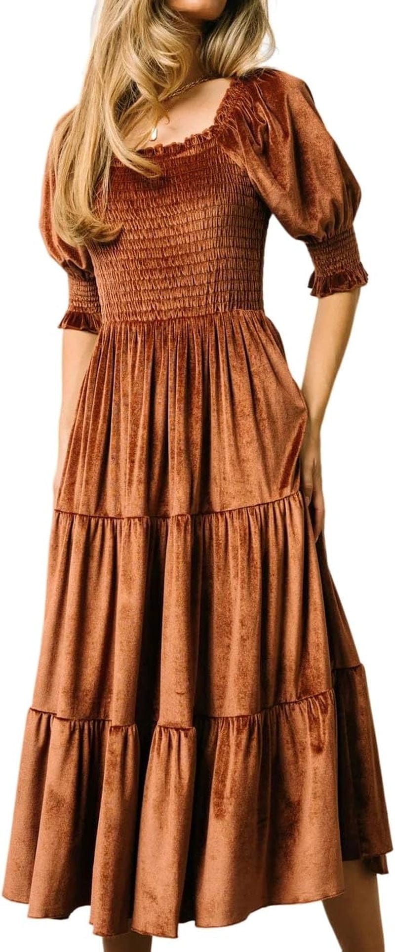 R.Vivimos Womens Fall Winter Velvet Dress Puff Sleeve Square Neck Smocked Tiered Ruffle A-Line Flowy Midi Dress Brown / X-Large