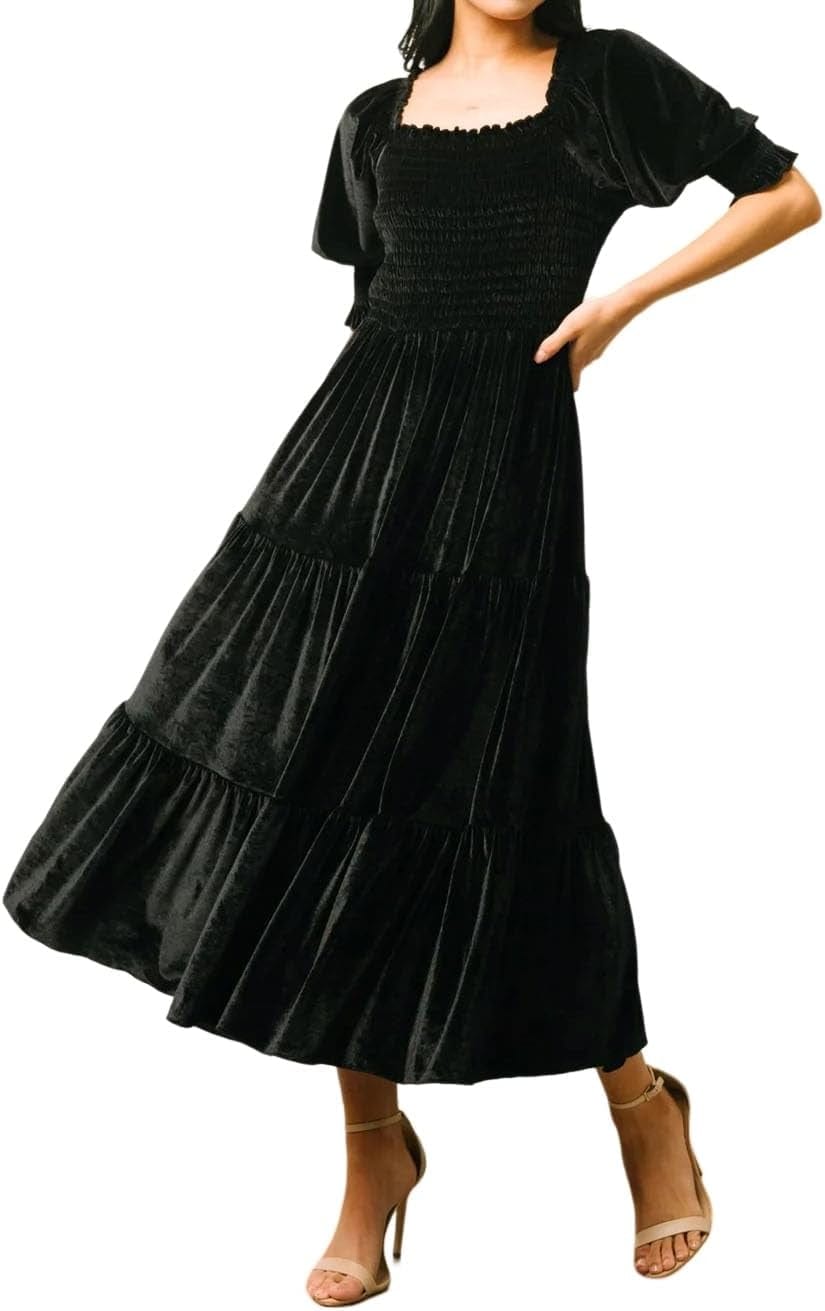 R.Vivimos Womens Fall Winter Velvet Dress Puff Sleeve Square Neck Smocked Tiered Ruffle A-Line Flowy Midi Dress Black / Small