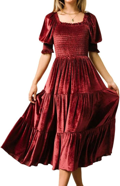 R.Vivimos Womens Fall Winter Velvet Dress Puff Sleeve Square Neck Smocked Tiered Ruffle A-Line Flowy Midi Dress Winered / Medium
