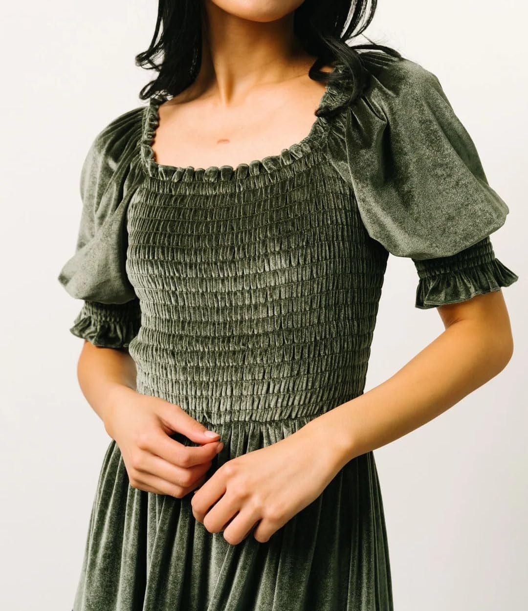 R.Vivimos Womens Fall Winter Velvet Dress Puff Sleeve Square Neck Smocked Tiered Ruffle A-Line Flowy Midi Dress