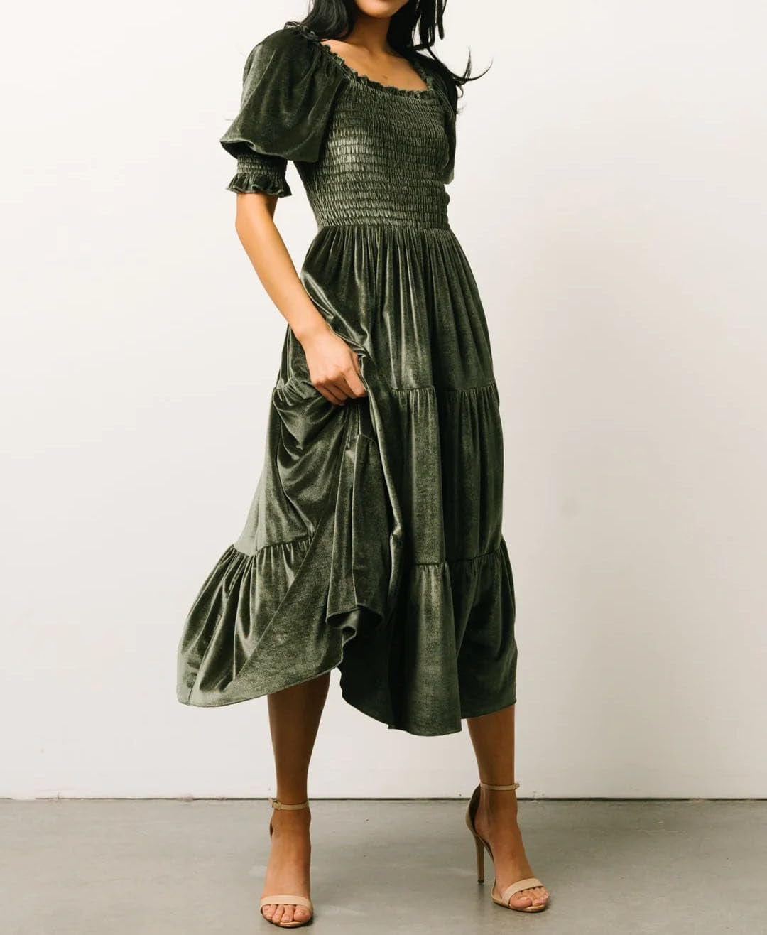R.Vivimos Womens Fall Winter Velvet Dress Puff Sleeve Square Neck Smocked Tiered Ruffle A-Line Flowy Midi Dress