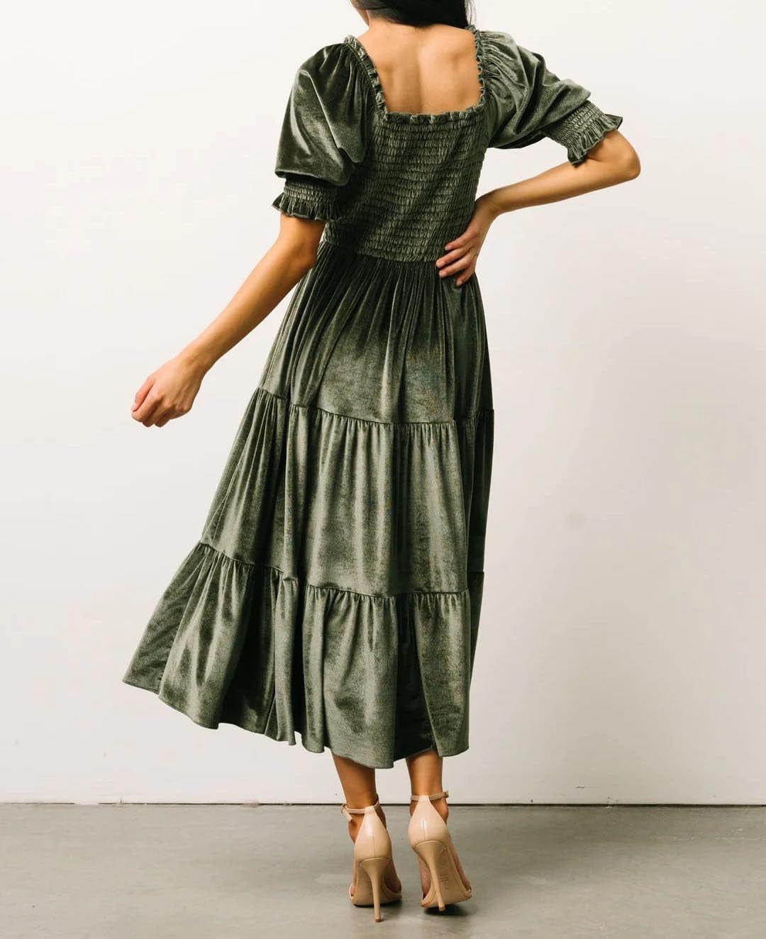 R.Vivimos Womens Fall Winter Velvet Dress Puff Sleeve Square Neck Smocked Tiered Ruffle A-Line Flowy Midi Dress
