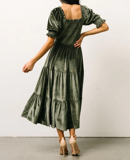 R.Vivimos Womens Fall Winter Velvet Dress Puff Sleeve Square Neck Smocked Tiered Ruffle A-Line Flowy Midi Dress