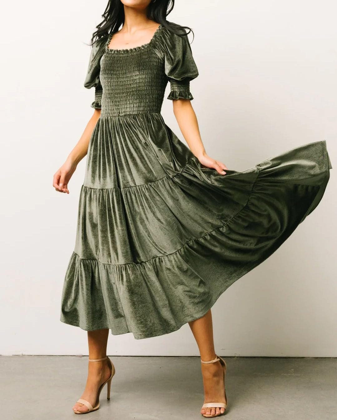 R.Vivimos Womens Fall Winter Velvet Dress Puff Sleeve Square Neck Smocked Tiered Ruffle A-Line Flowy Midi Dress