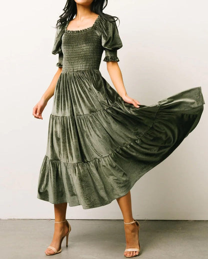 R.Vivimos Womens Fall Winter Velvet Dress Puff Sleeve Square Neck Smocked Tiered Ruffle A-Line Flowy Midi Dress