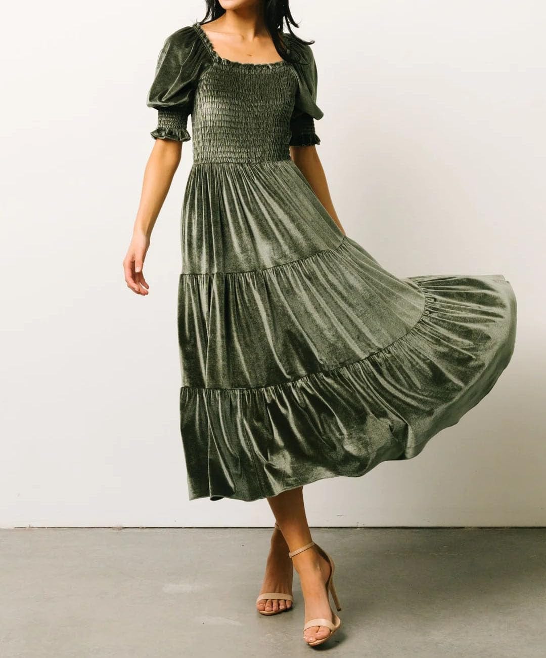 R.Vivimos Womens Fall Winter Velvet Dress Puff Sleeve Square Neck Smocked Tiered Ruffle A-Line Flowy Midi Dress