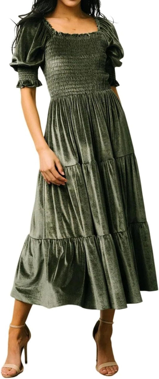R.Vivimos Womens Fall Winter Velvet Dress Puff Sleeve Square Neck Smocked Tiered Ruffle A-Line Flowy Midi Dress