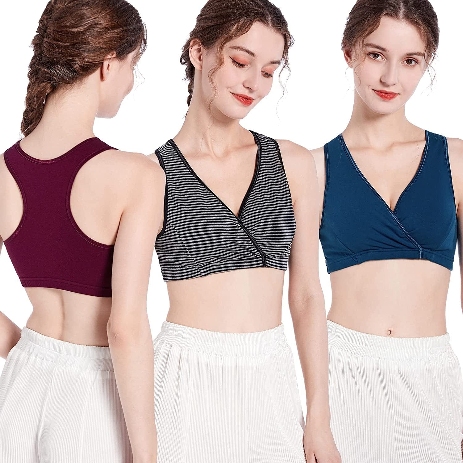 Racerback Maternity Nursing Sleep Bra Cotton Breastfeeding Bralette 3-Pack A2-burgundy/Stripe/Atrovirens 3pack / Large