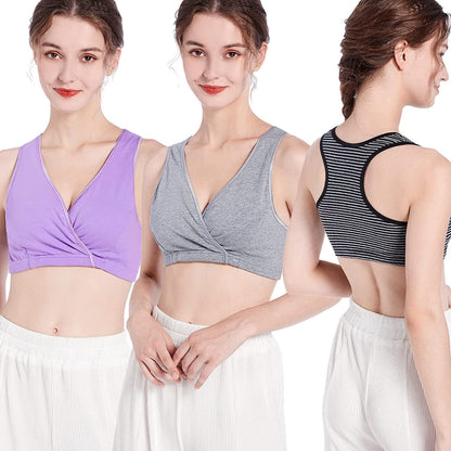 Racerback Maternity Nursing Sleep Bra Cotton Breastfeeding Bralette 3-Pack A2-grey/Lavende/Stripe 3pack / Large