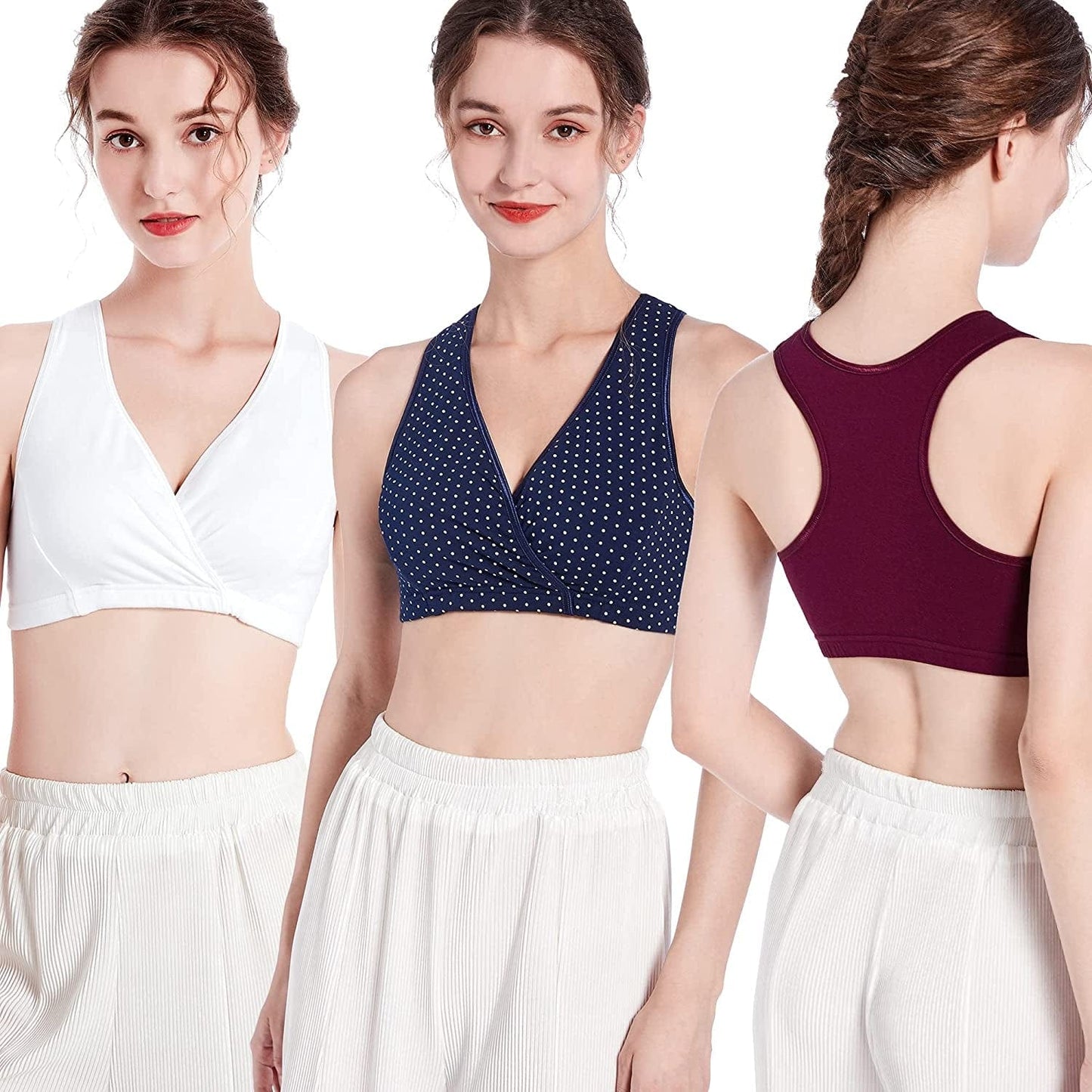 Racerback Maternity Nursing Sleep Bra Cotton Breastfeeding Bralette 3-Pack A2-navy Dot/Burgundy/White 3pack / Medium
