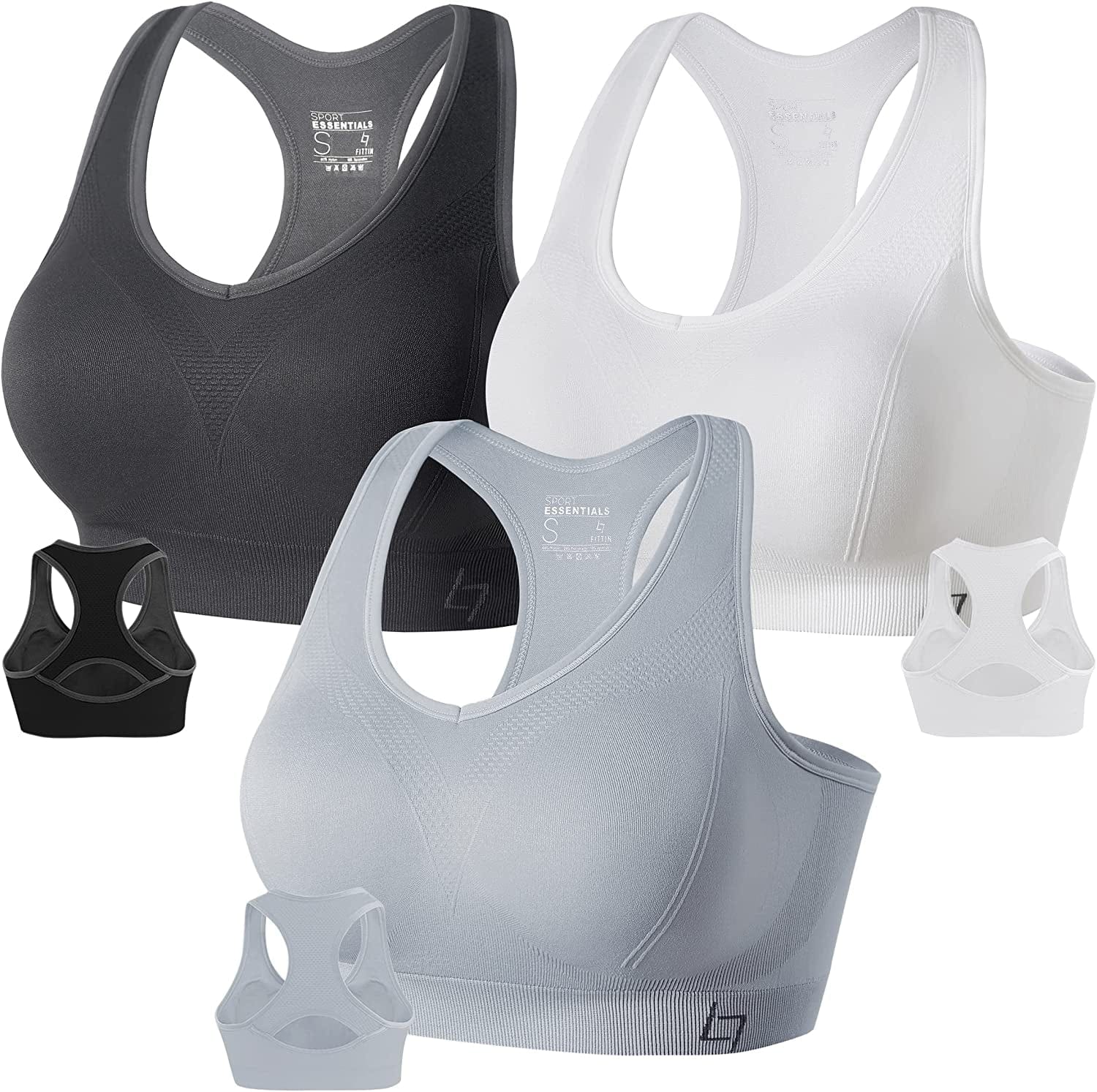 Racerback Sports Bras for Women - Padded Seamless High Impact Support for Yoga Gym Workout Fitness B2-pack of 3 Grey/Black/Sliver Grey / XX-Large