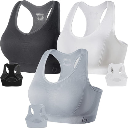 Racerback Sports Bras for Women - Padded Seamless High Impact Support for Yoga Gym Workout Fitness B2-pack of 3 Grey/Black/Sliver Grey / XX-Large