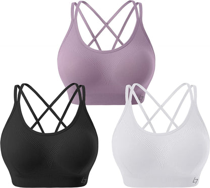 Racerback Sports Bras for Women - Padded Seamless High Impact Support for Yoga Gym Workout Fitness B5-pack of 3 Black/White/Purple / Medium