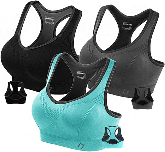 Racerback Sports Bras for Women - Padded Seamless High Impact Support for Yoga Gym Workout Fitness B1-pack of 3 Grey/Black/Aqua / XX-Large