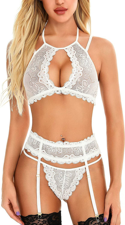 Racicio Women Sexy Lingerie Lace Bralette Panty Set with Garter Belt (No Stockings) White / XXX-Large=US(24-26)