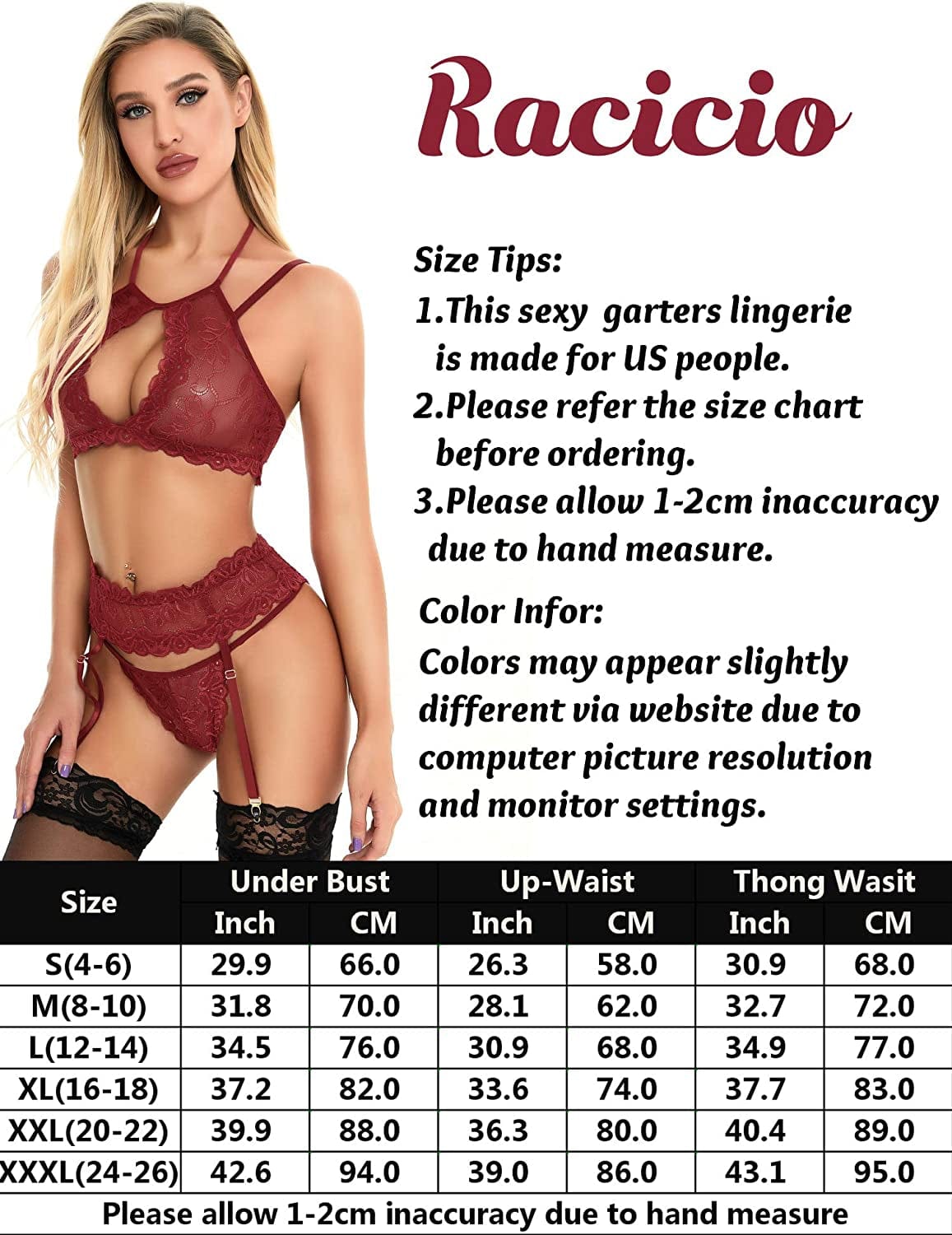 Racicio Women Sexy Lingerie Lace Bralette Panty Set with Garter Belt (No Stockings)