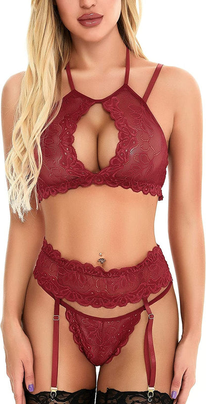 Racicio Women Sexy Lingerie Lace Bralette Panty Set with Garter Belt (No Stockings)