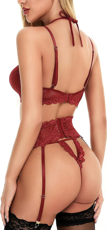 Racicio Women Sexy Lingerie Lace Bralette Panty Set with Garter Belt (No Stockings)
