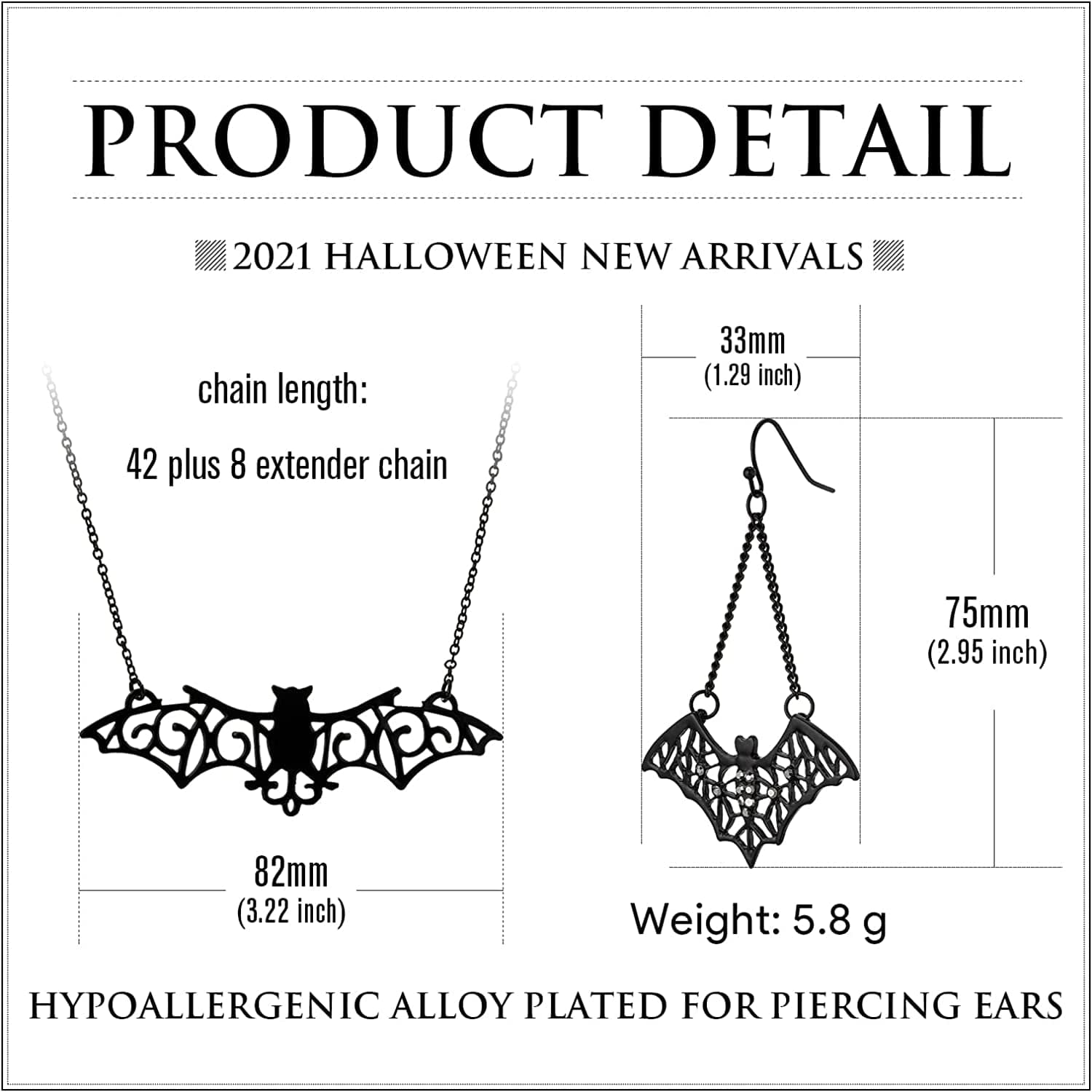 Rarelove Halloween Costumes Earrings for Women,Black Bats,Halloween Bats,Flying Bats Dangle Earrings and Collar Necklace Jewelry Set Alloy Plated,Gothic Jewelry for Women