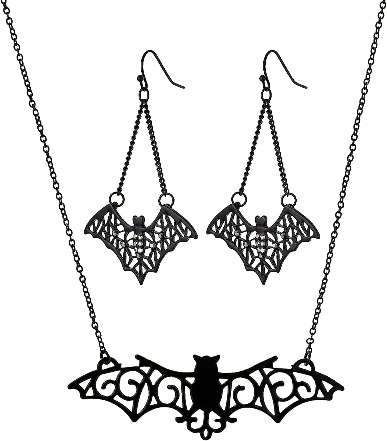 Rarelove Halloween Costumes Earrings for Women,Black Bats,Halloween Bats,Flying Bats Dangle Earrings and Collar Necklace Jewelry Set Alloy Plated,Gothic Jewelry for Women