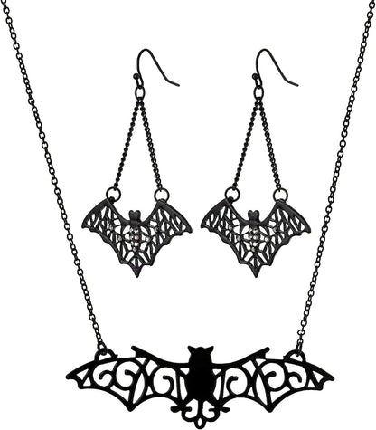 Rarelove Halloween Costumes Earrings for Women,Black Bats,Halloween Bats,Flying Bats Dangle Earrings and Collar Necklace Jewelry Set Alloy Plated,Gothic Jewelry for Women