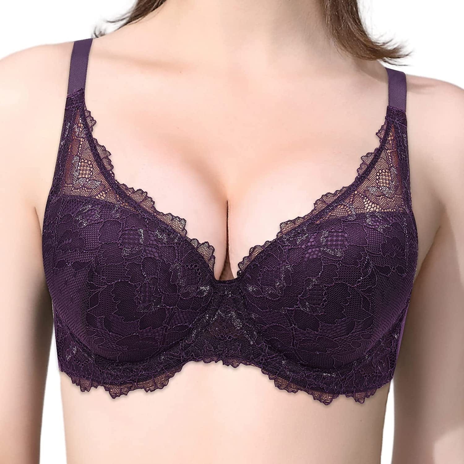 Rasback Women'S Sexy Lace Push up Bra with Padded Add One Cup Underwire Balconette Bra plus Size Low Cut Bra Purple / 40E