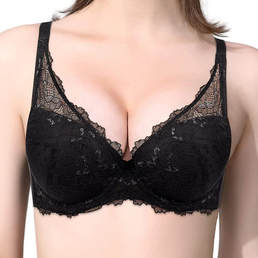 Rasback Women'S Sexy Lace Push up Bra with Padded Add One Cup Underwire Balconette Bra plus Size Low Cut Bra Black / 36F