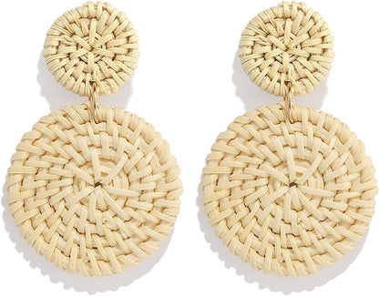 Rattan Earrings for Women Girls Handmade Lightweight Wicker Straw Stud Earrings Statement Weaving Braid Drop Dangle Earring Light Rattan Disk