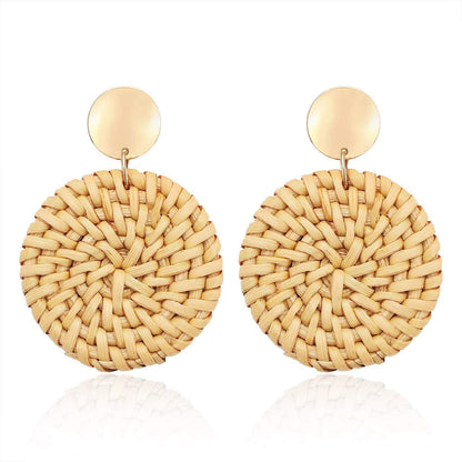 Rattan Earrings for Women Girls Handmade Lightweight Wicker Straw Stud Earrings Statement Weaving Braid Drop Dangle Earring Dark Disk