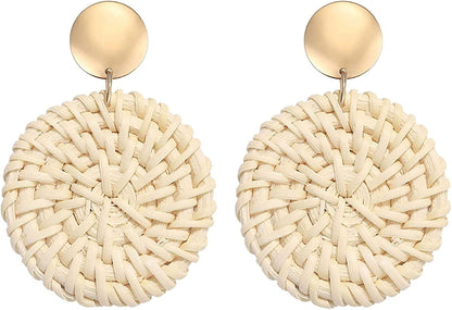 Rattan Earrings for Women Girls Handmade Lightweight Wicker Straw Stud Earrings Statement Weaving Braid Drop Dangle Earring Light Disk