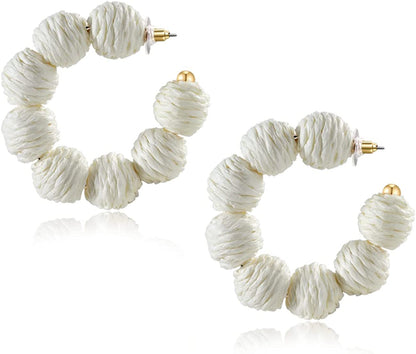 Rattan Earrings Summer Boho Raffia Ball Hoop Dangle Earrings for Women Girls Lightweight Straw Wicker Statement Earrings Bohemian Beach Earrings Jewelry Gifts White