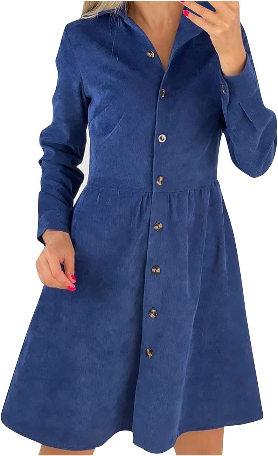RDEGOOCHA Long Sleeve Dress, Lapel V Neck A-Line Midi Dress Collar Elastic Waist Swing Button down Business Dress 01-Blue / Medium